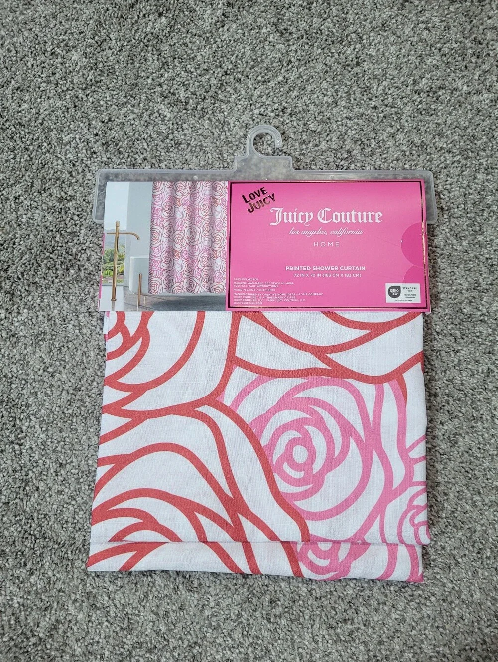Juicy Couture Fabric Shower Curtain 72x72 Pink Red Floral Logo Spellout Y2K